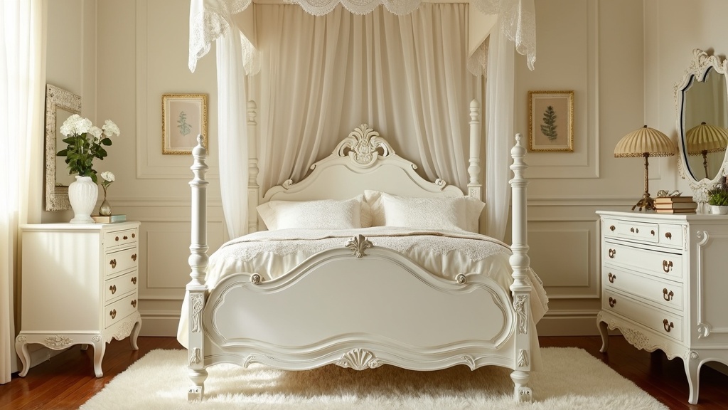 Classic Charm Bedroom with cream and white decor, vintage furniture, canopy bed, and soft gold accents.