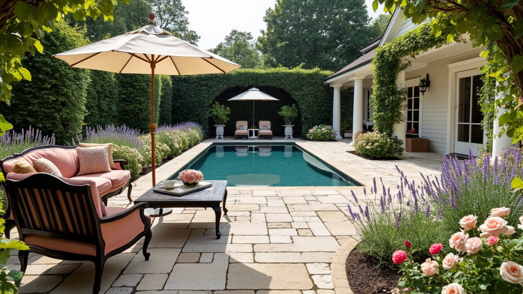Elegant English pool area with vintage furniture, lush textiles, rose bushes, and lavender plants.