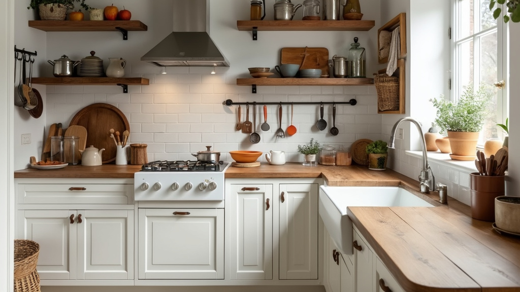 A cozy Scandinavian kitchen with white cabinetry, rustic wood accents, vintage utensils, and an apron sink.