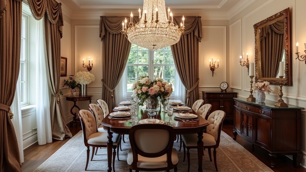 Elegant dining space with dark wood furnishings, ivory walls, mahogany table, chandelier, and decor.