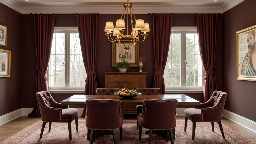Mid-Century Modern dining room with mahogany table, upholstered chairs, gold tones, and elegant decor.