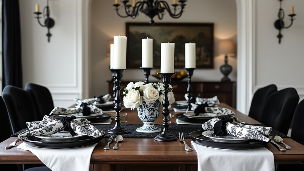 Classic Elegance Dining Room featuring mahogany table, black velvet chairs, and sophisticated decor.