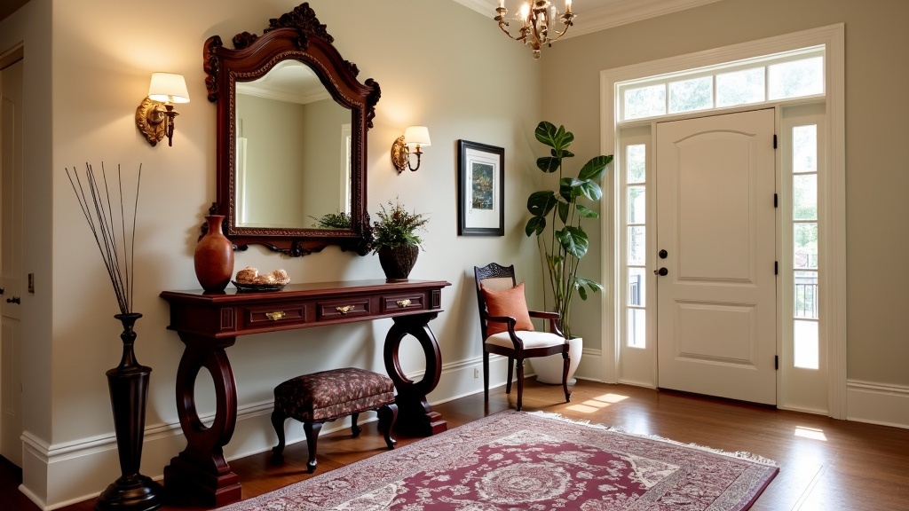 Classic entryway with mahogany console table, Persian rug, ornate mirror, carved chair, and brass accents.