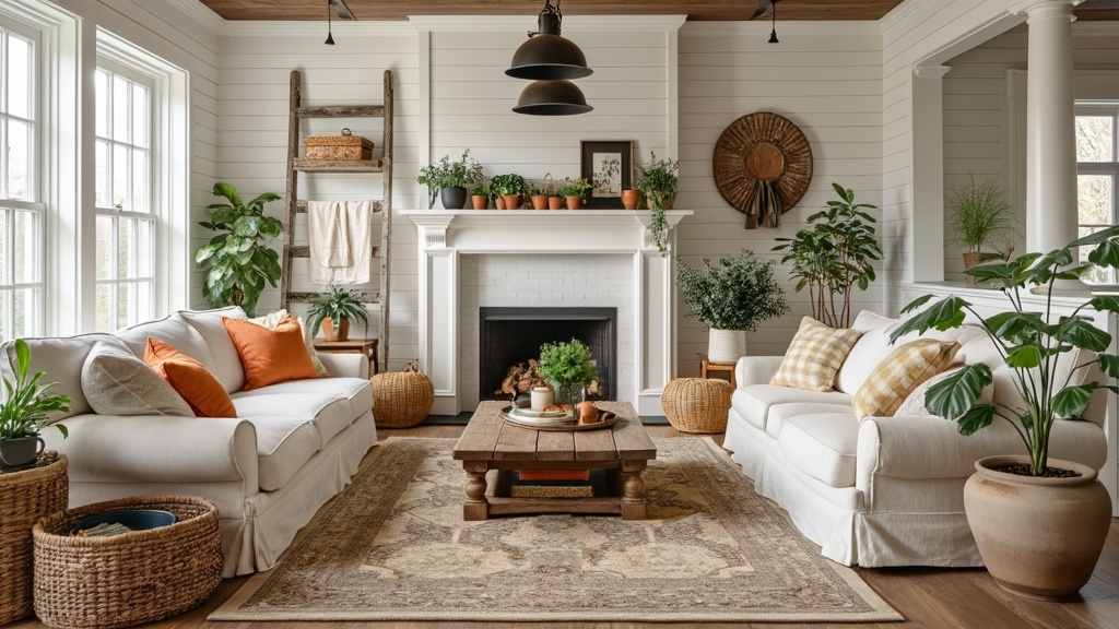 Cozy Classic Farmhouse Living Room with soft white walls, linen sofa, rustic coffee table, and vintage decor.