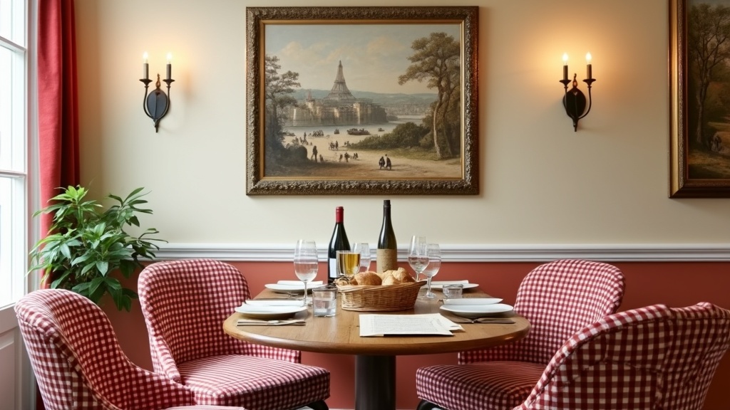Classic French bistro dining room with neutral tones, checkered chairs, wine bottles, and warm lighting.