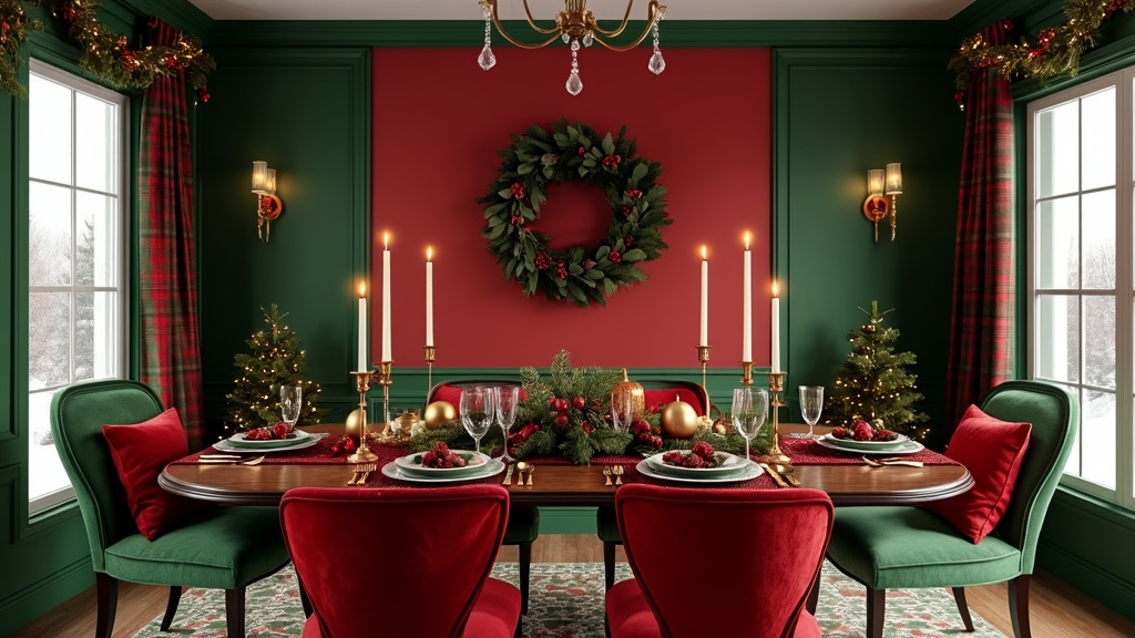 Classic red and green dining room with velvet runners, upholstered chairs, golden candlesticks, and garlands.