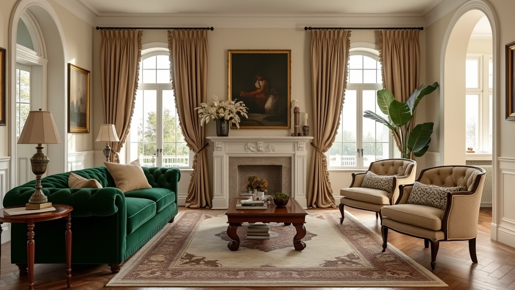 Classic traditional living room with forest green velvet sofa, cream walls, wooden coffee table, and decor.