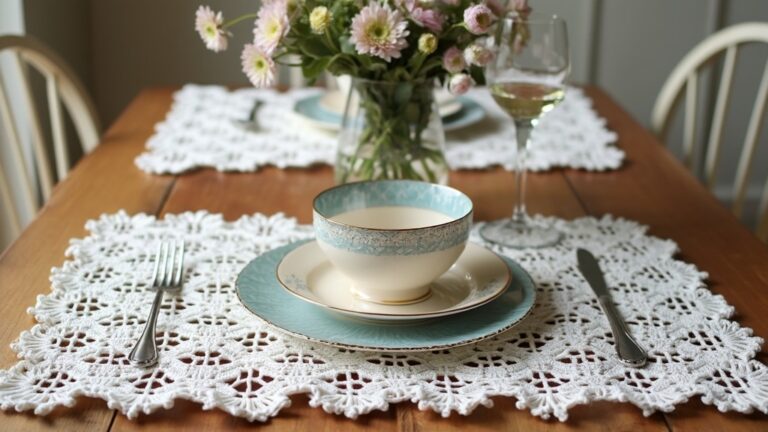 Elegant dining space with classic white crochet placemats, wooden table, pastel dinnerware, and flowers.