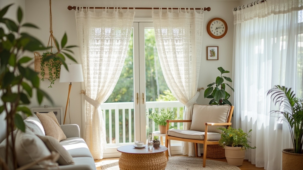 Crochet curtains in pure white create an airy, timeless look, enhancing natural light and privacy.