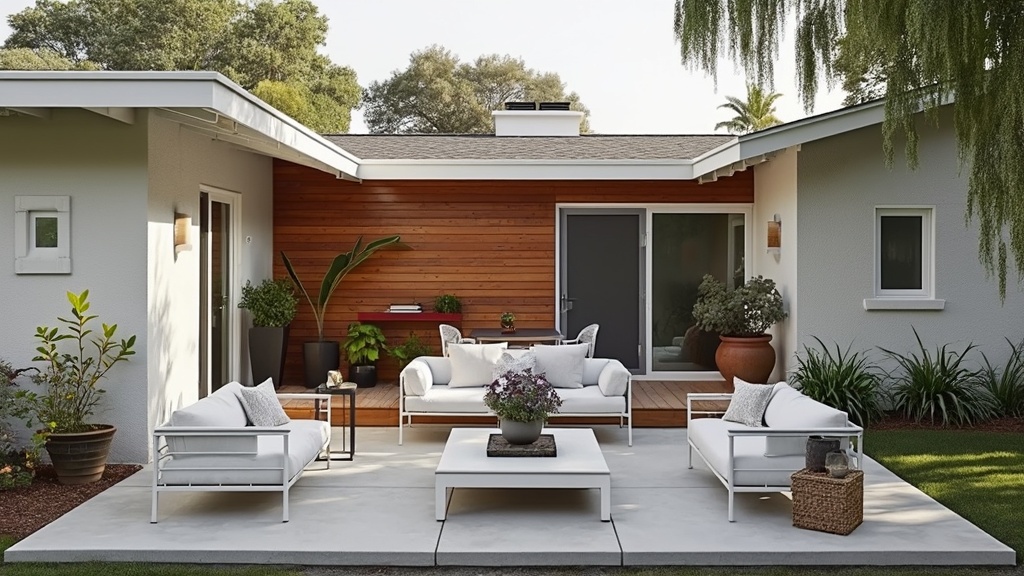 A stylish 70s ranch remodel featuring clean lines, wood paneling, gray tones, and tasteful outdoor furniture.