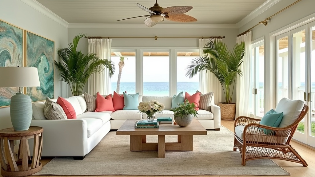 Coastal living room with light colors, rattan furniture, white sectional, ocean-themed decor, and sunlight.
