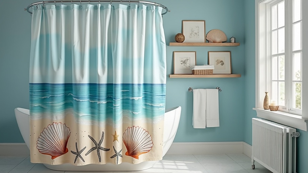 Shower curtain with ocean designs, light blue color, nautical decor, beach prints for a coastal vibe.
