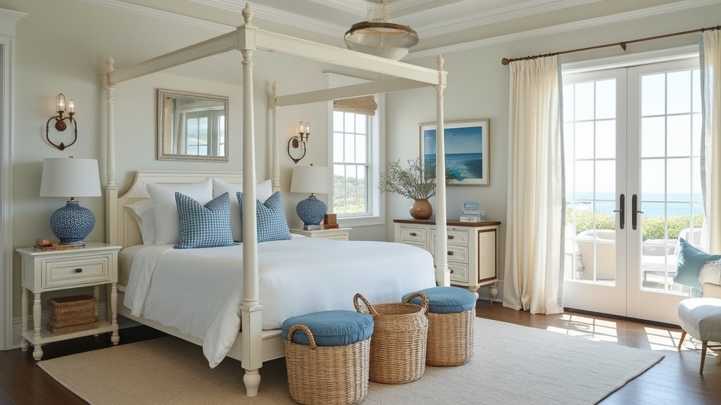 Coastal Breeze Bedroom featuring white walls, light wood furniture, cream canopy bed, and subtle blue accents.