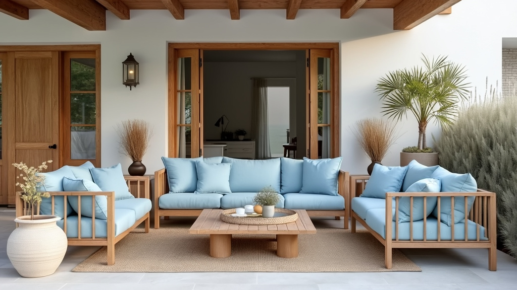 Calm coastal minimalist patio with soft blue furniture, natural wood, jute, and linen textures.