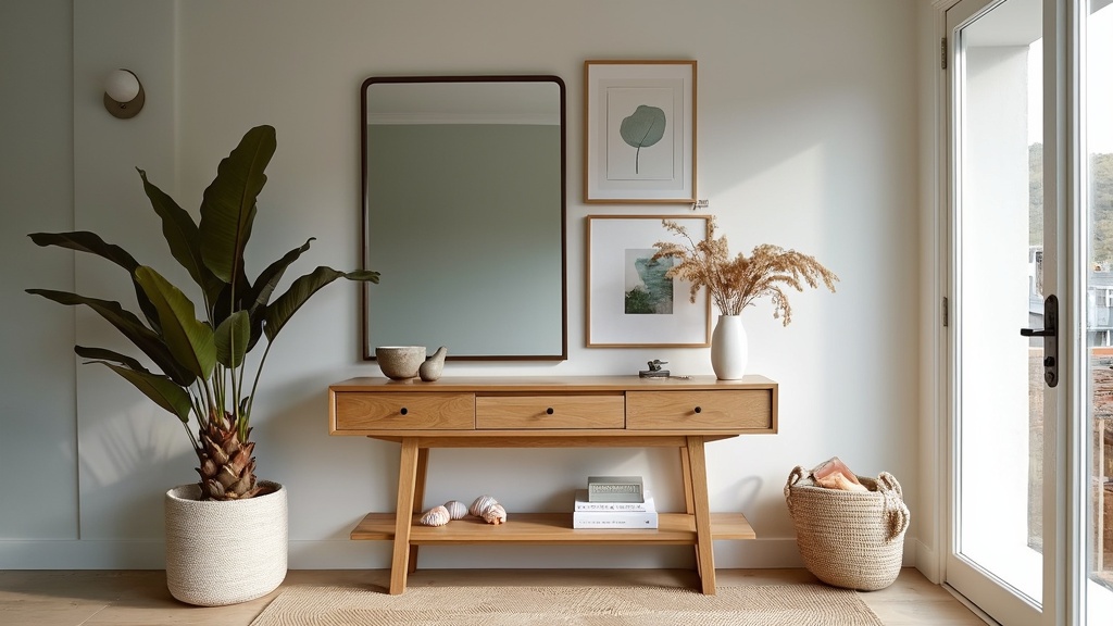 Coastal entryway with muted blues, jute rug, light oak console, seashell decor, and airy mirrors.