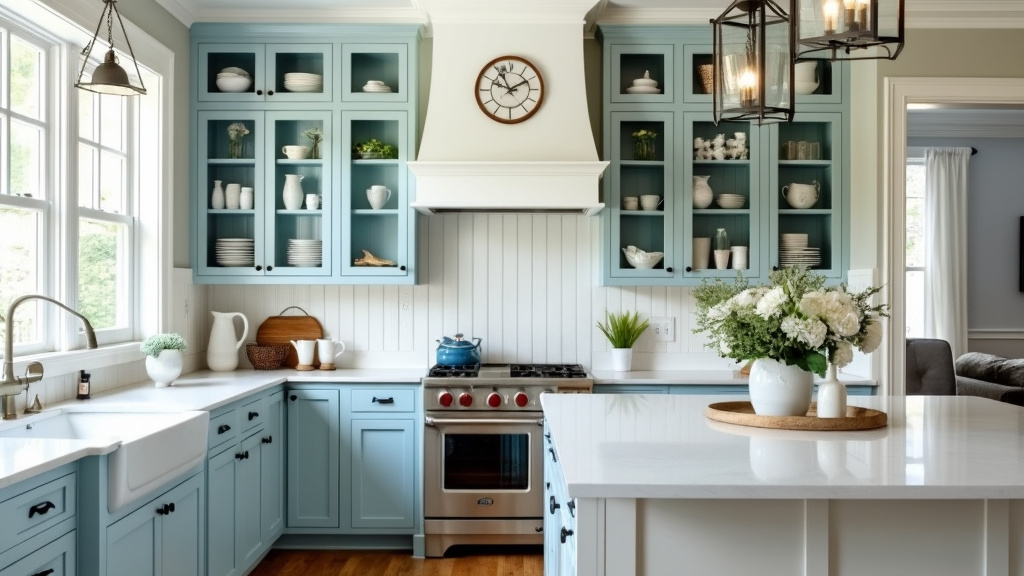 Transitional kitchen with dove blue cabinetry, white countertops, wainscoted walls, and beachy decor.