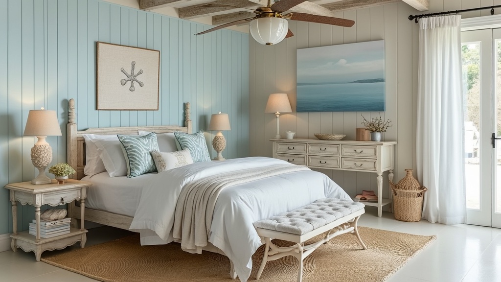 Coastal-inspired bedroom with light blues, sandy beiges, and white decor for a beachy retreat ambiance.