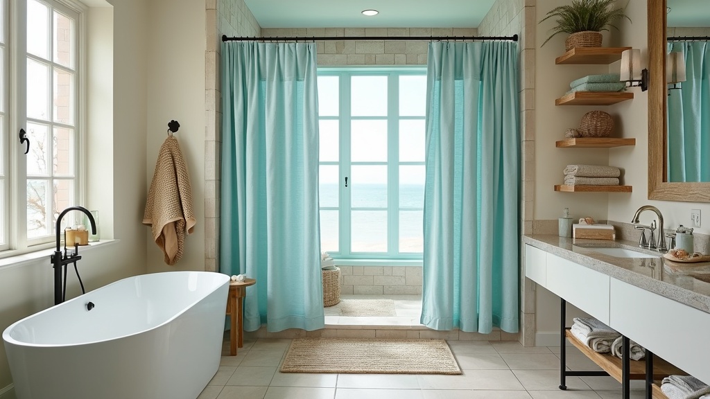 Coastal bathroom design with light blue and sandy beige hues, freestanding tub, and nautical decor accents.