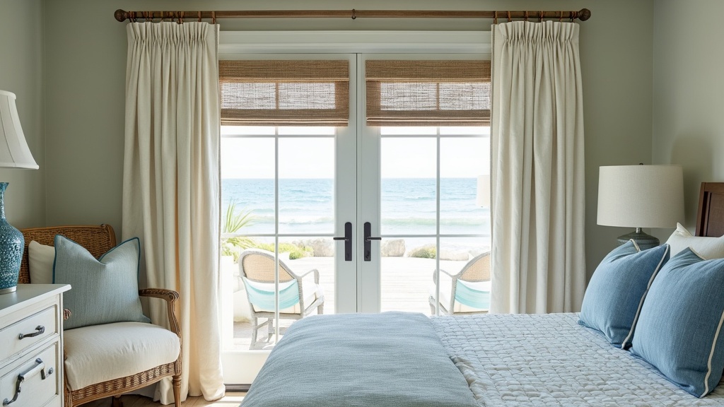 Coastal bedroom design with light linen curtains, woven wood blinds, and nautical-themed tiebacks.