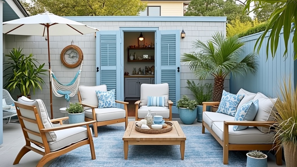 Coastal-inspired backyard patio with soft blue, beige, and white decor, featuring hammocks and palm trees.