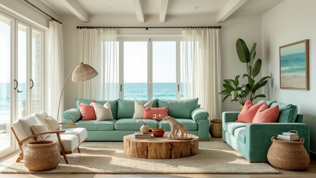 Coastal living room with seafoam green velvet sofa, white walls, sandy flooring, and nautical decor.
