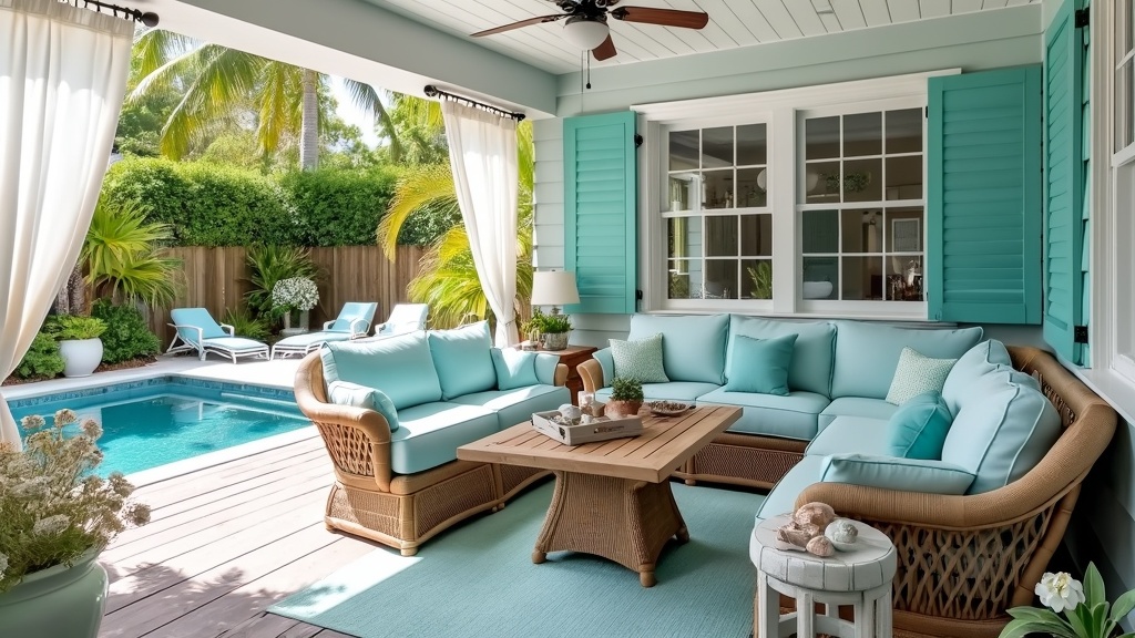 Coastal inspired patio with driftwood flooring, rattan furniture, aqua tones, and beach-themed decor.