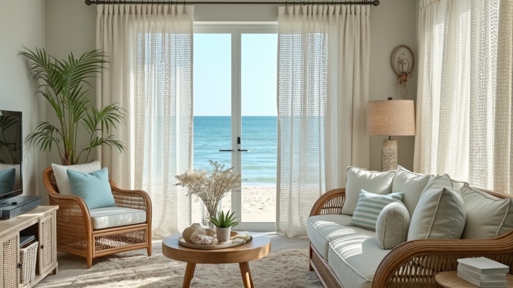 Crochet curtains in soft blues and beiges create a serene coastal living room with marine decor accents.