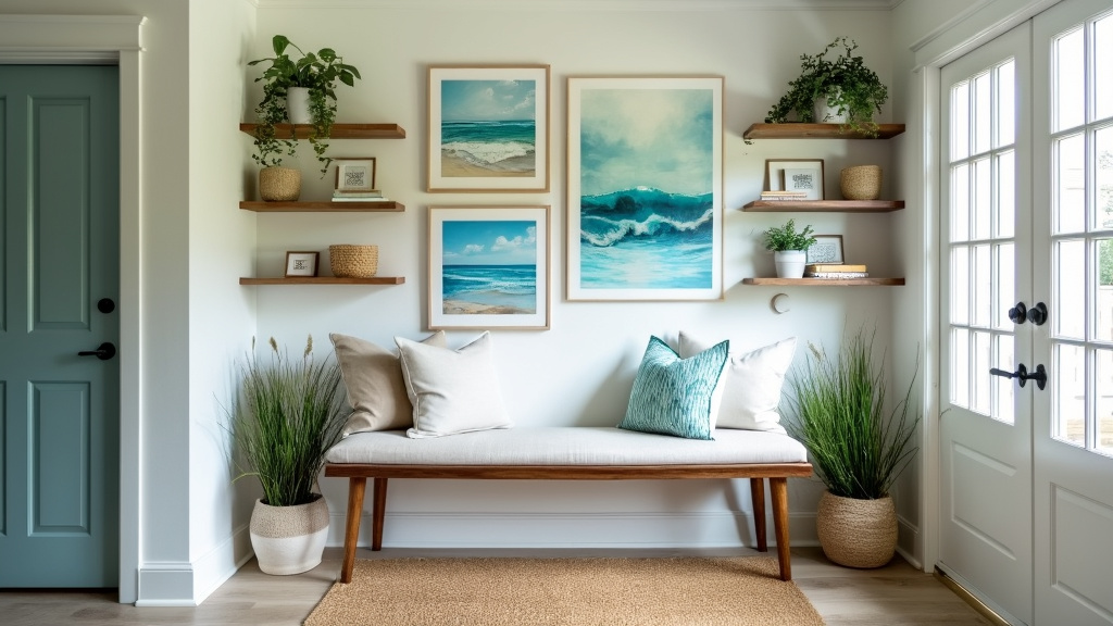 Coastal entryway with soft blue and sandy white hues, jute rug, driftwood accents, and sea-inspired decor.