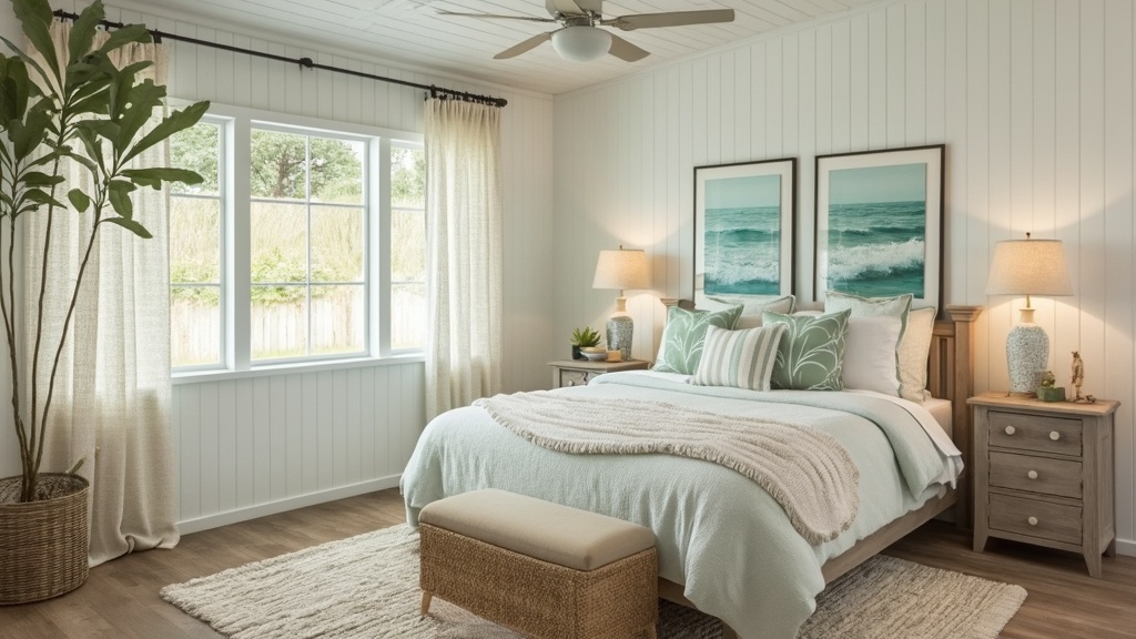 Coastal Retreat design with soft whites, light blues, wicker, seashell decor, and bright natural light.