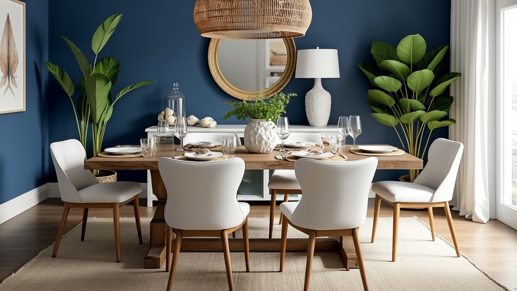 Coastal dining room with deep blue walls, driftwood table, white chairs, nautical decor, and plants.