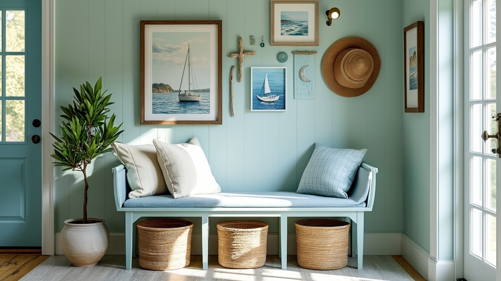 Coastal Retreat entryway with aqua blues, weathered wood, a cushioned bench, and nautical wall decor.