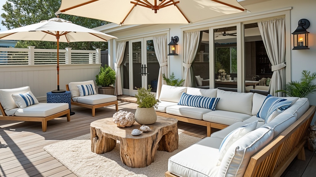 Coastal patio with teak flooring, soft blue and beige decor, sectional with striped cushions, driftwood table.