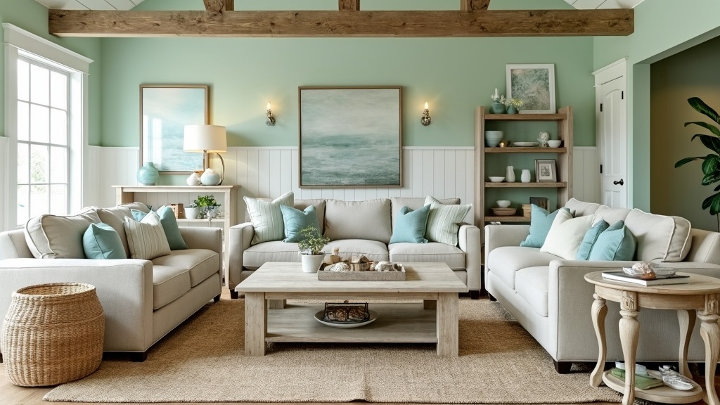 Coastal rustic living room with seafoam green walls, light wood furniture, and a driftwood coffee table.