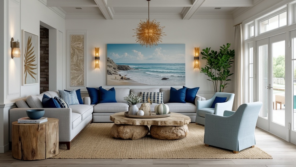 Coastal living room with navy blue and soft grey decor, driftwood tables, and nautical-themed artwork.