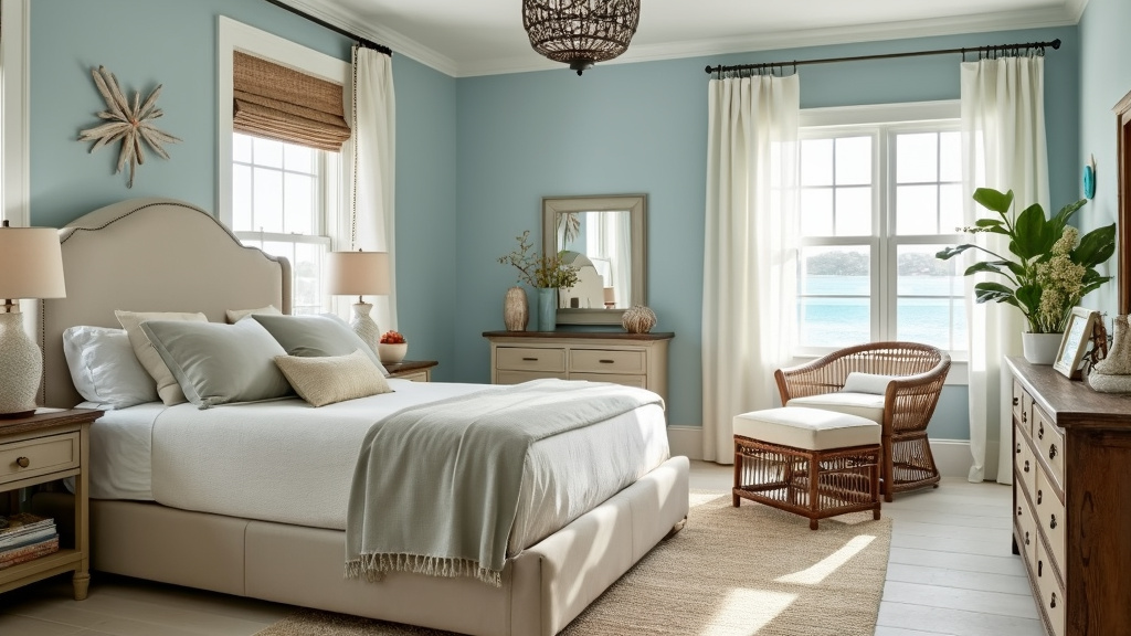 Coastal-themed bedroom with soft blues, linen bed, wicker furniture, sheer curtains, and seashell decor.