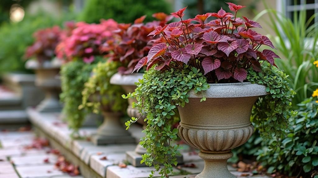 Rustic stone planters filled with vibrant coleus plants create a cohesive, organic outdoor aesthetic.