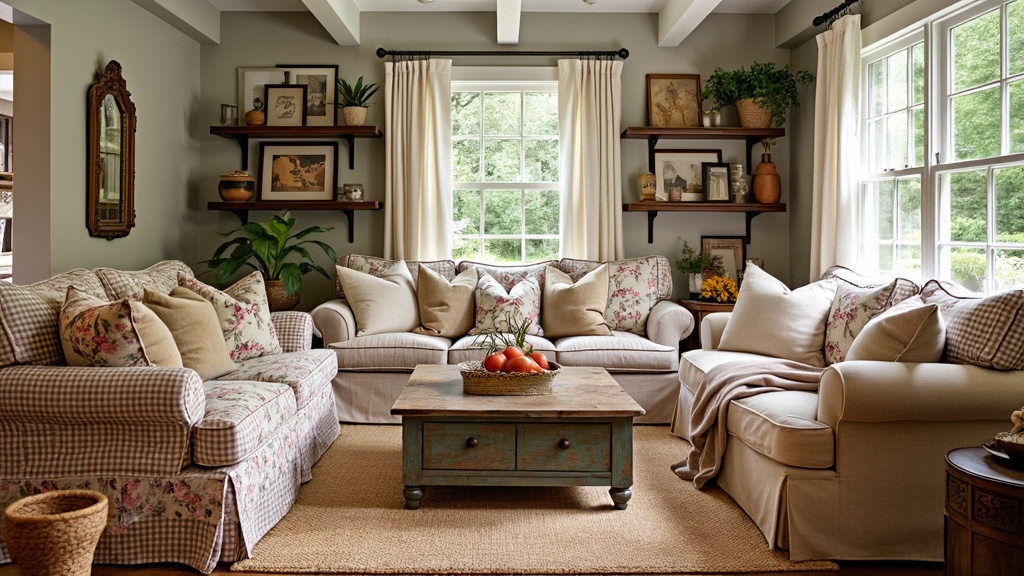 Cozy cottage-style living room with overstuffed sofas, floral textiles, oversized pillows, and vintage decor.
