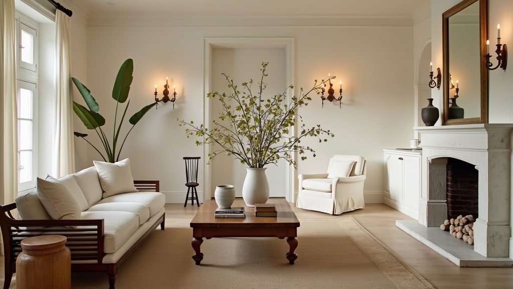 Minimalist living room with soft whites, handcrafted sofa, hand-carved coffee table, and elegant decor.