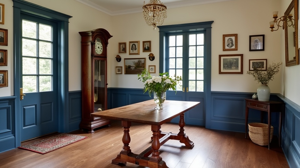 Colonial Revival entryway with walnut flooring, navy and cream decor, farmhouse table, and family portraits.