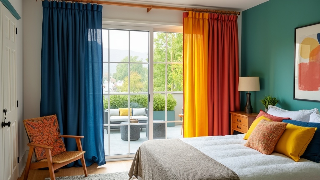 Vibrant color-blocked curtains in a bedroom with sliding glass doors, enhancing a modern design.