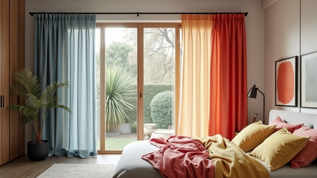 Color-blocked curtains in bold hues add modern flair and elegance to a bedroom decor.