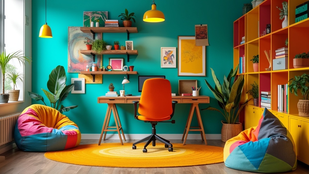 Colorful home office with turquoise walls, yellow accents, wooden desk, orange chair, and art supplies.