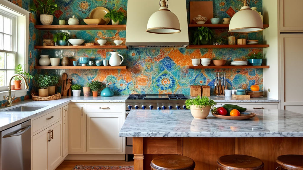 Vibrant Bohemian kitchen with colorful tile backsplash, creamy cabinets, eclectic dishware, and a marble island.
