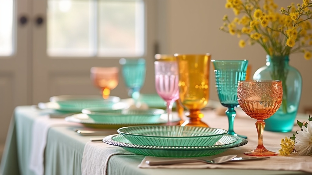 Colorful glassware in teal, amber, and pink on a dining table with clear plates and a neutral tablecloth.