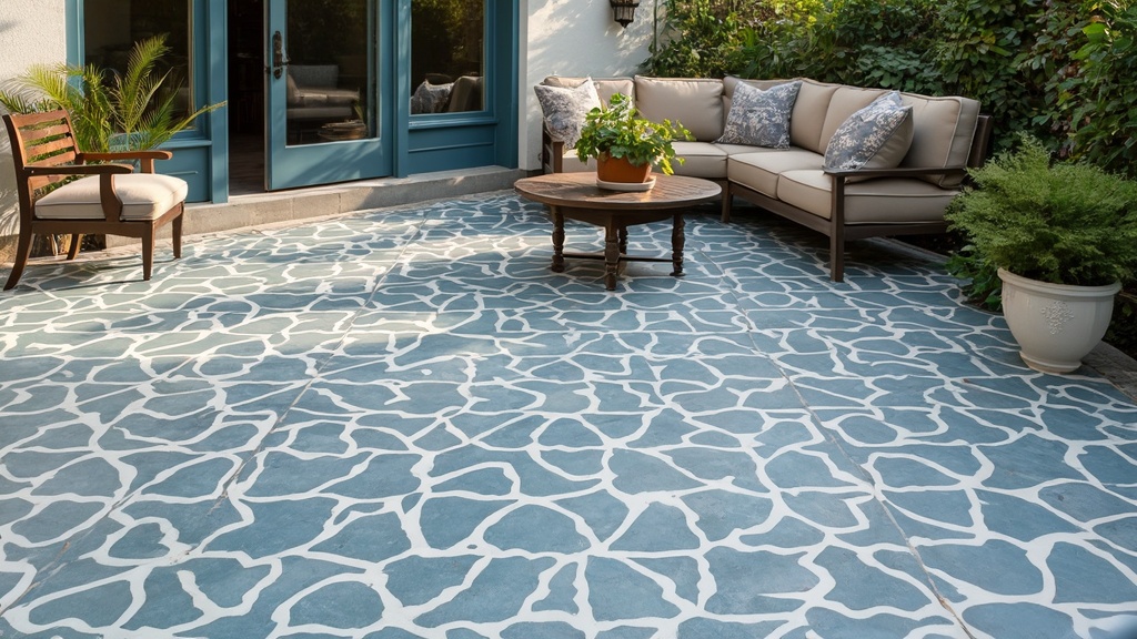 A beautifully stenciled concrete patio with intricate designs, showcasing a stylish outdoor transformation.