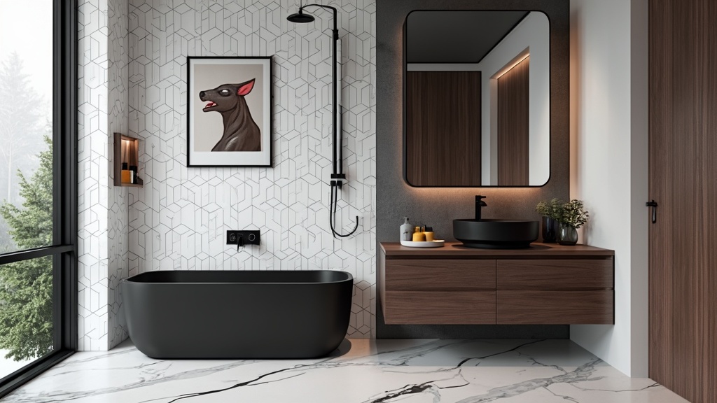 A modern bathroom featuring a matte black tub, glossy white geometric tiles, and a floating wood vanity.