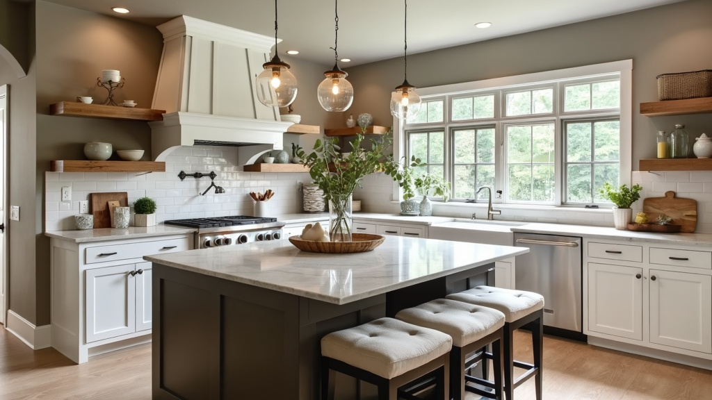 Contemporary farmhouse kitchen with taupe walls, white cabinets, large island, and natural wood shelves.