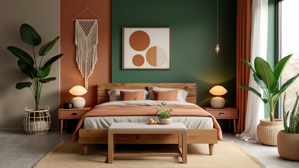 Scandifornian bedroom with wooden bed, earthy tones, minimalist nightstands, plants, and warm decor.
