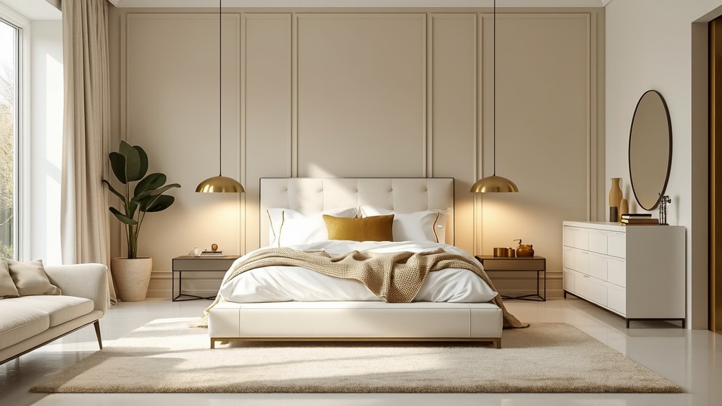 Contemporary elegance bedroom with white walls, beige accent, ivory bed, gold accents, and plush rug.