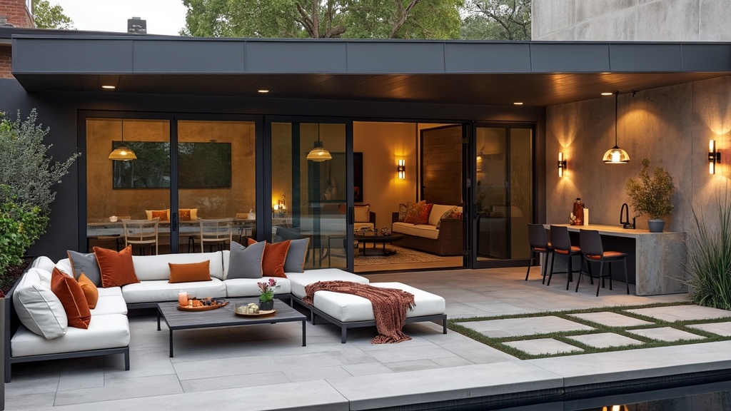 Modern industrial patio with porcelain tiles, glass walls, streamlined furniture, and warm cozy lighting.